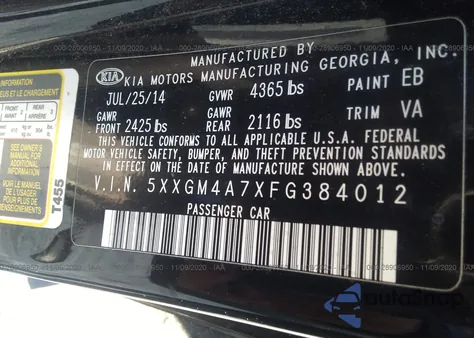 2015 Kia Optima Lx из США, поврежденный, VIN 5XXGM4A7XFG384012